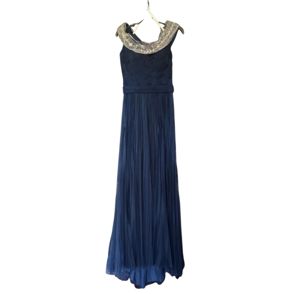 Chic Navy Blue Maxi Dress with Embellished Neckline